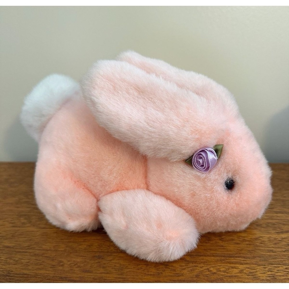 Vintage 1993 Commonwealth Pink Bunny Rabbit Crouching Plush Pink Rose 9"